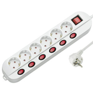 Prolongador blanco con 6 tomas e interruptor (1.5 m) 1 interruptor por toma