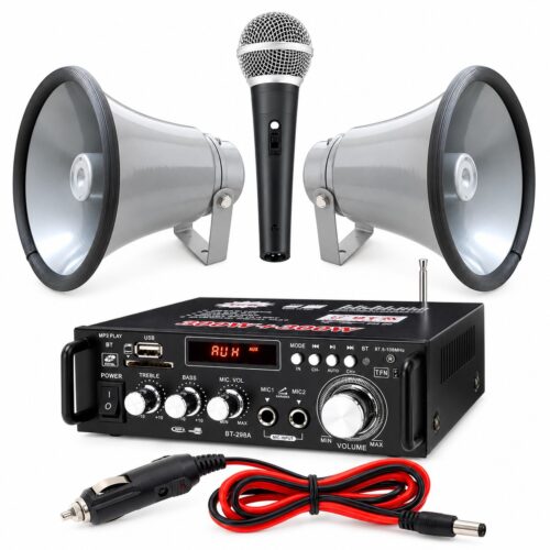 Cornetas Pack - Amplificador PA 2x50W 8-16 OHM 220V/12V USB/BT/FM + 2 Cornetas+ Microfone