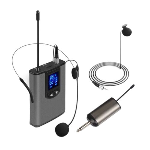 Microfone de Cabeça + Lapela s/ fios UHF com receptor - Alcance até 100 metros