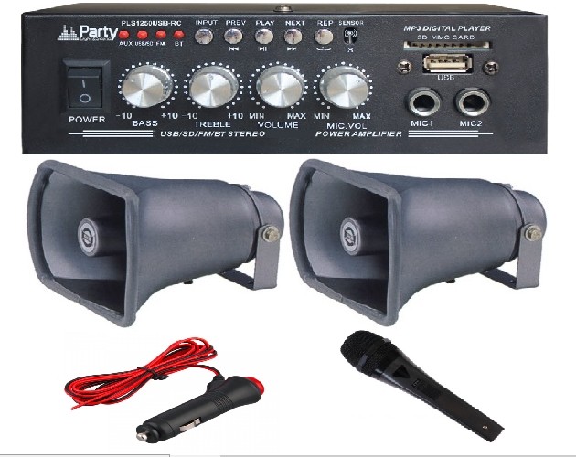 Pack Bocinas - Amplificador PA 2x50W 8-16 OHM 220V/12V USB/BT/FM + 2  Bocinas+ Micrófono