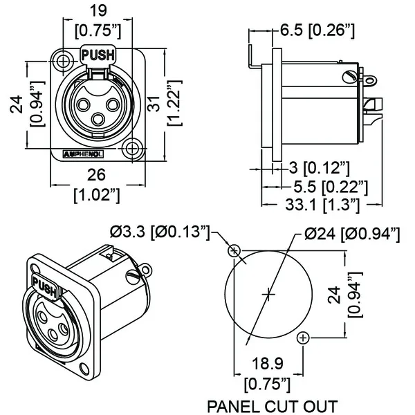 Conector XLR hembra de metal con bloqueo en panel - Imagen 2