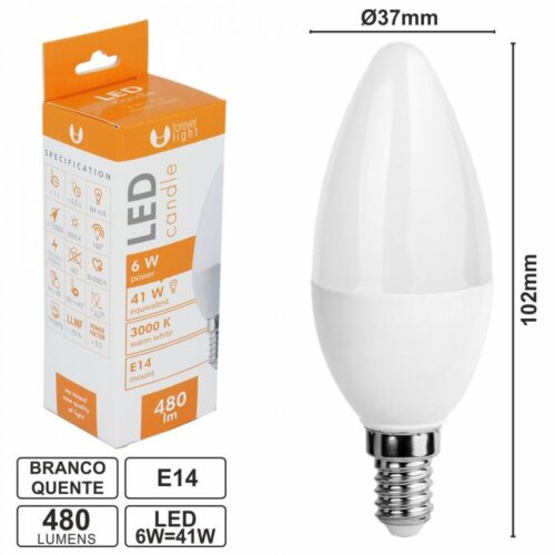 Lâmpada E14 6W=41W 230V LED Vela Branco Quente 480LM