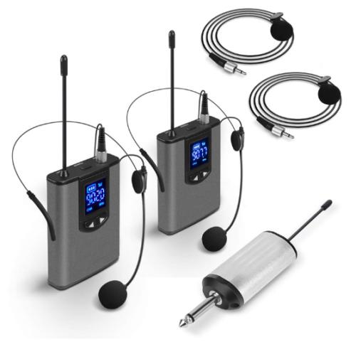 Microfone de Cabeça duplo + Lapela s/ fios UHF com Receptor - Alcance até 100 metros