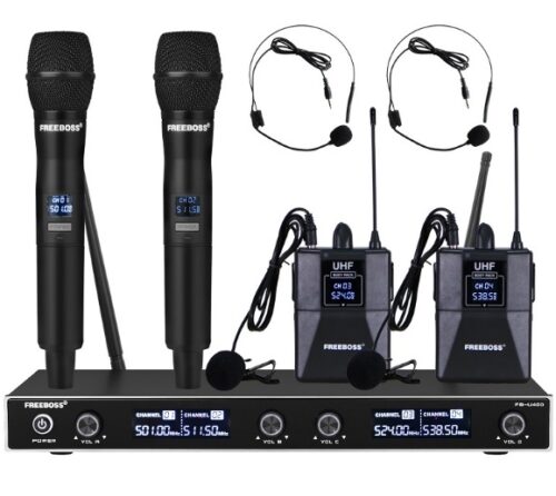 Microfone Mão s/ Fios UHF 2 de Mão+2 Cabeça ou Lapela