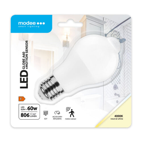 Lâmpada LED E27 8,8W Branco 4000K 806lm c/ Sensor Presença (PIR) – Modee
